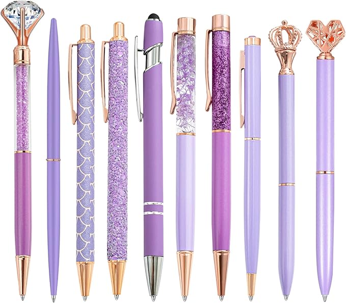 10 Pcs Glitter Ballpoint Pens,Comfortable Writing Pens,Metal Retractable Pretty Journaling cute Pens bulk, Black Ink Medium Point (1.0mm)