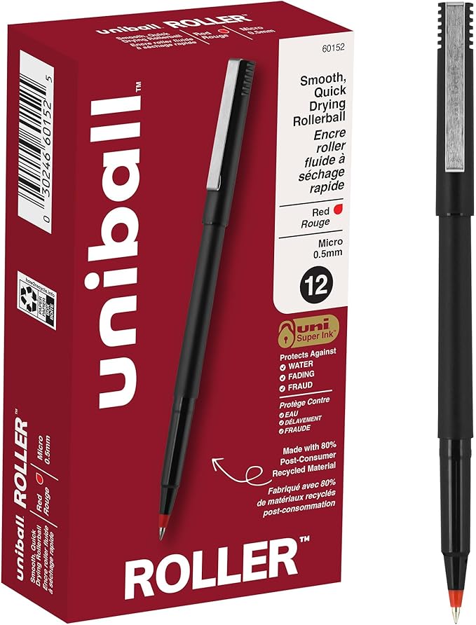uni-ball Roller Ball Stick Pens, 0.5 mm Micro Tip, Red, Pack of 12