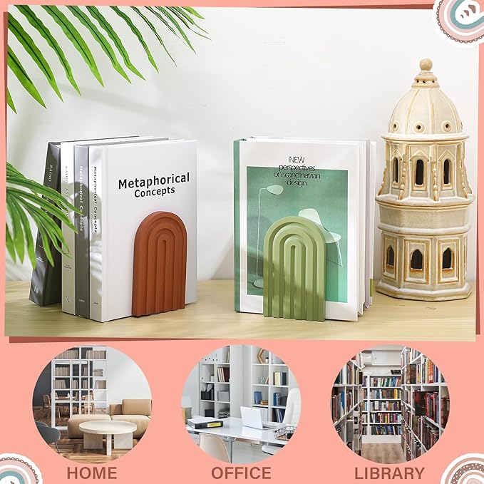 Harloon 4 Pieces Boho Arch Wood Bookends Rainbow Arch Back to School Gift Ideas Non Skid Bookend Decorative Wooden Book Stand Book Stoppers for Books Movies CDs(Bright Color)