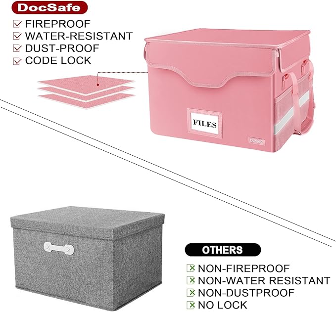 DocSafe File Box Fireproof Document Box with Lock,File Storage Organizer Box with Insert Pockets,Collapsible Portable File Box Home Office File Cabinet with Handle for Hanging Letter/Legal Folder,Pink