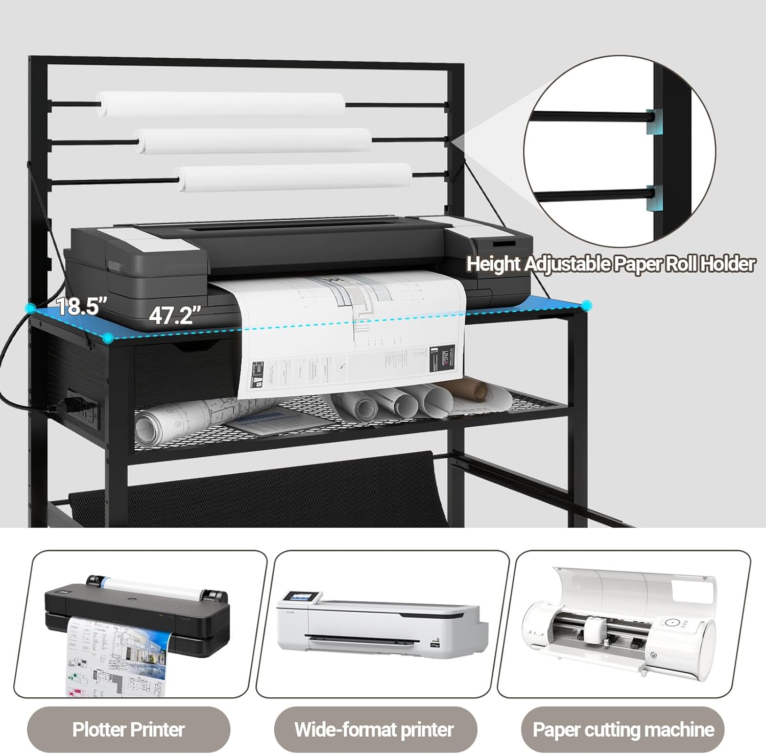 Natwind Wide Format Printer Stand, Plotter Workbench Table with Pull-Out Drafting Storage, Roll Paper Holder, Accessory Drawer, Adjustable Storage Shelf for Plotters and Cutting Machines (Black)