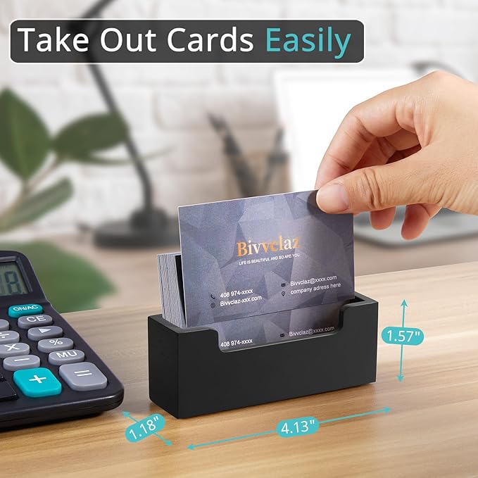 Black Business Card Holder Desk, Wood Business Card Organizer Desktop Business Card Display Stand for Office Tabletop Exhibition, Small Business Essentials
