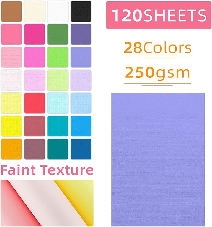 120 Sheets Color Textured Cardstock 28 Assorted Colors 250 gsm Faint Texture, Single-Sided Printed Colored Paper, Premium Thick Card Stock for Card Making, Scrapbooking, Craft, Decor