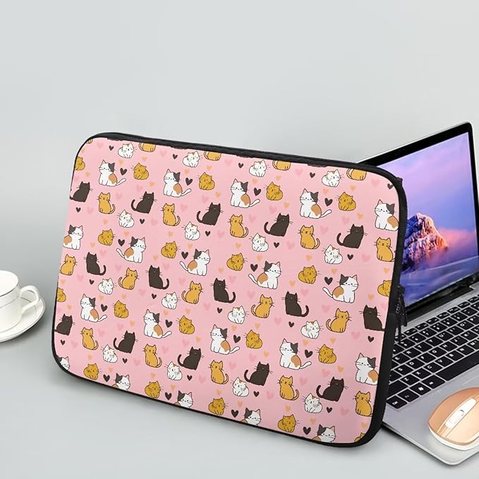 Cat Print Laptop Briefcases for Men Women, Heart Pattern Laptop Sleeve Case Water Resistant Neoprene Computer Carrying Cover 12 Inch Laptop Carrying Bag