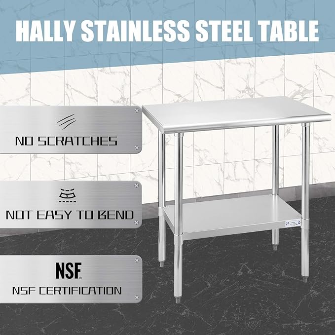 HALLY Stainless Steel Table for Prep & Work 24 x 36 Inches, NSF Commercial Heavy Duty Table with Undershelf and Galvanized Legs for Restaurant, Home and Hotel