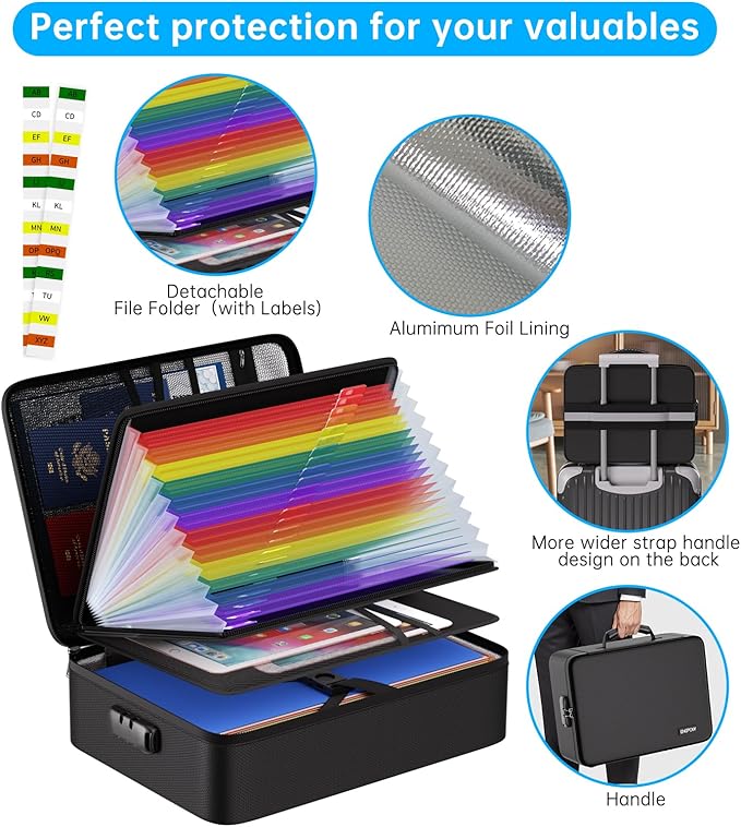 ENGPOW Fireproof Document Box with Lock, 5200℉ Soft Case Fireproof Box with 25 Colorful Pocket Accordion File Folder, Fireproof Water Resistant Safe Box File Organizer for Important Documents