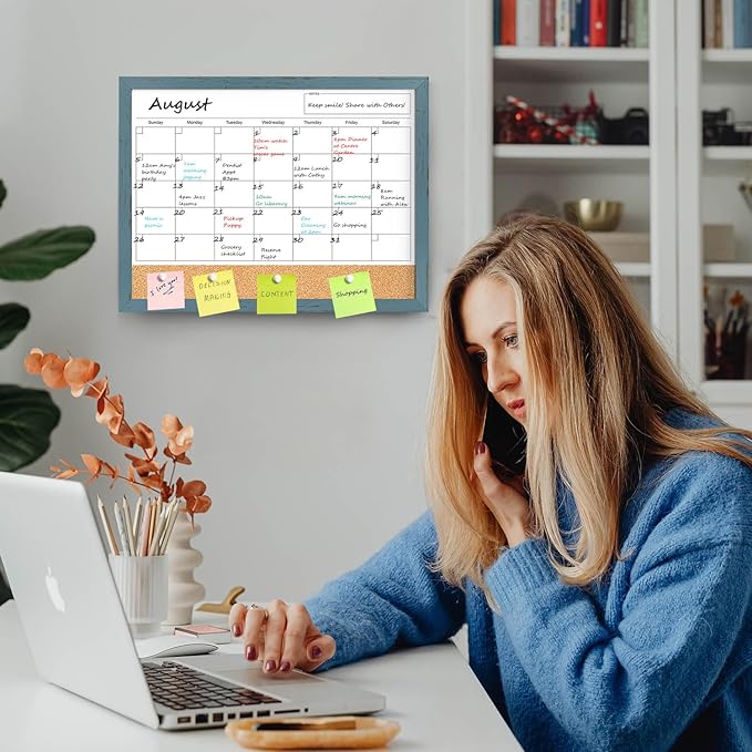 Whiteboard Calendar & Corkboard for Wall, 17"x13" Dry Erase Monthly Calendar with Wood Framed, Magnetic White Board Cork Board Combo, Calendar Bulletin Board for Home Office Kitchen Memo Planner