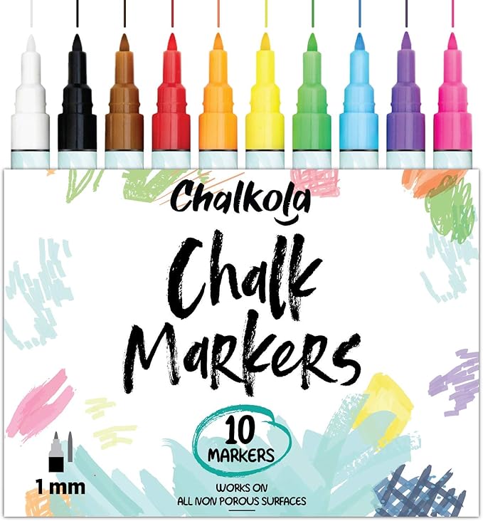 Chalk Markers Fine Tip (10 Pack, 1mm Extra Fine Point) - Neon Liquid Chalk Pens for Blackboards, Chalkboard, Bistro, Car Windows, Dry Erase Boards, Glass - Thin, Wet Erase, Erasable Chalkboard Markers