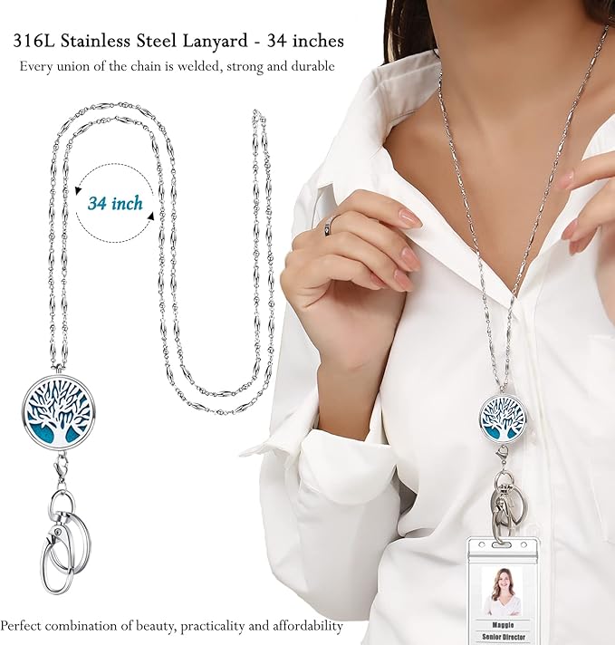 Lanyards for Keys Women Cute Teacher Lanyards for ID Badges Strong Stainless Steel Chain Lanyard Keychain Necklace Long Name Tag Badge Holder with Lanyard Work Diffuser Jewelry Tree of Life