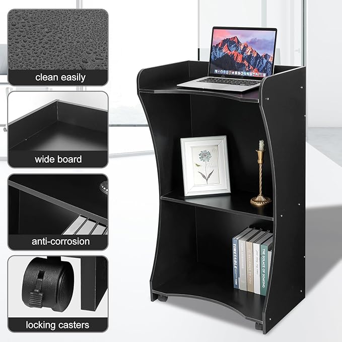 Wooden Podium Stand with Wheels, Versatile Black Lectern for Church Pulpits, Reception Desks, Lectures, Cash Registers