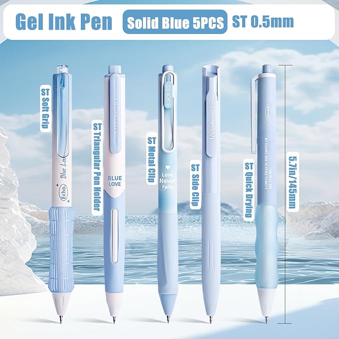 10 Count Pastel Gel Ink Pen Set,Cute Note Taking 0.5mm Fine Point Retractable 10 Count Black Ink Pens with for Writing, Journaling, School, Office (Blue)