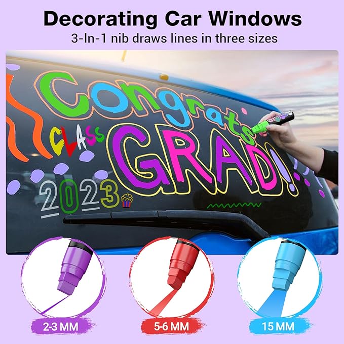 KERIFI Window Markers for Car, 15mm Jumbo Liquid Chalk Markers, Washable & Wet Erase Chalk Pens for Blackboard, Chalkboard, Signs, Glass, Window, Graduation Celebration School (12 Neon Colors)