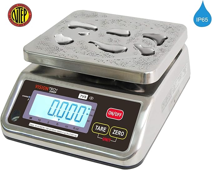 TVS Portion control Stainless steel Washdown Scale, Lb/Oz/Kg/g Switchable, Low Profile Design, 12lb Capacity, 0.002lb Readability, Single Display, NTEP Legal for Trade Coc #19-058