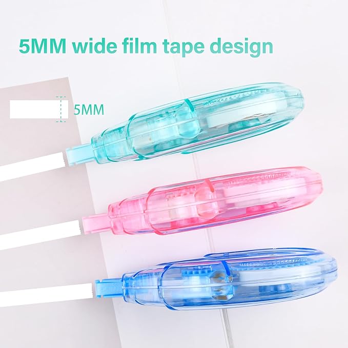 White Correction Tape, Easy To Use Applicator for Instant Corrections, For school, Office (Blue,Green,Pink, 12pack, 6M/256" x 0.2")