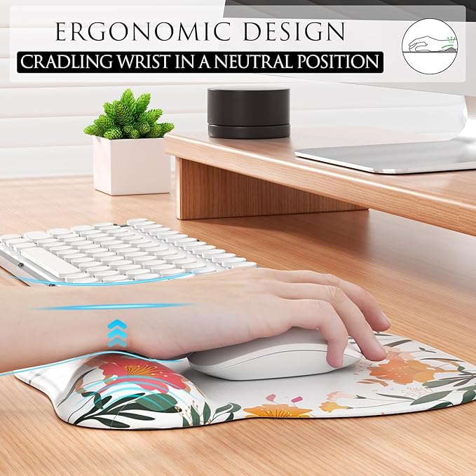 MROCO Ergonomic Mouse Pad with Gel Wrist Rest, Comfortable Mousepad with Smooth Wrist Support Surface and Non-Slip PU Base for Pain Relief, Computer, Laptop, Office & Home, 9.4 x 8.1 in, White Flower