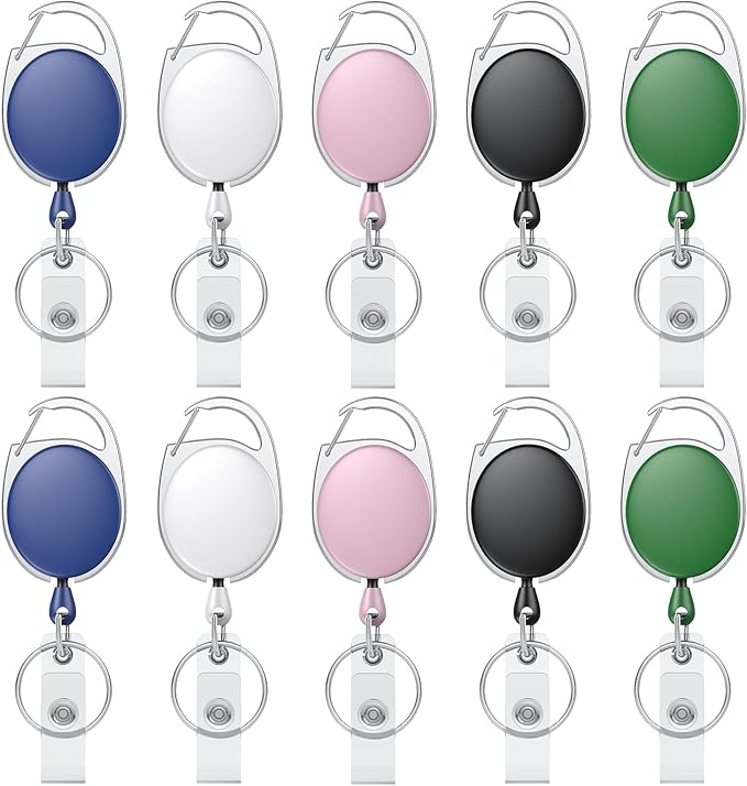 Uniclife 10 Pack Retractable Badge Reel for Badge Holder Heavy Duty Retractable Keychain Strong Colorful ABS Casing with Stainless Steel Spring Coil 24 inch Nylon Rope Carabiner and Key Ring, 5 Colors