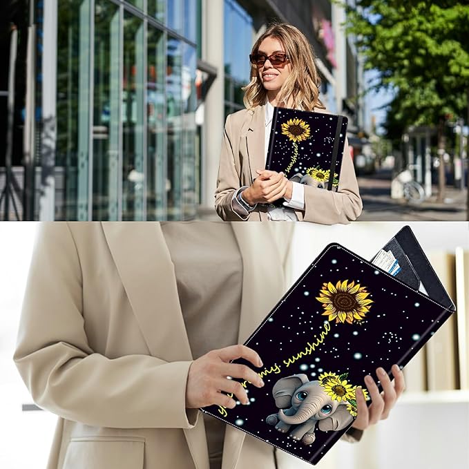 PU Leather Padfolio Clipboard Notepad with Pen Loop and Elastic Strap Interview/Resume Document Organizer for Business School Office,Elephant Sunflower