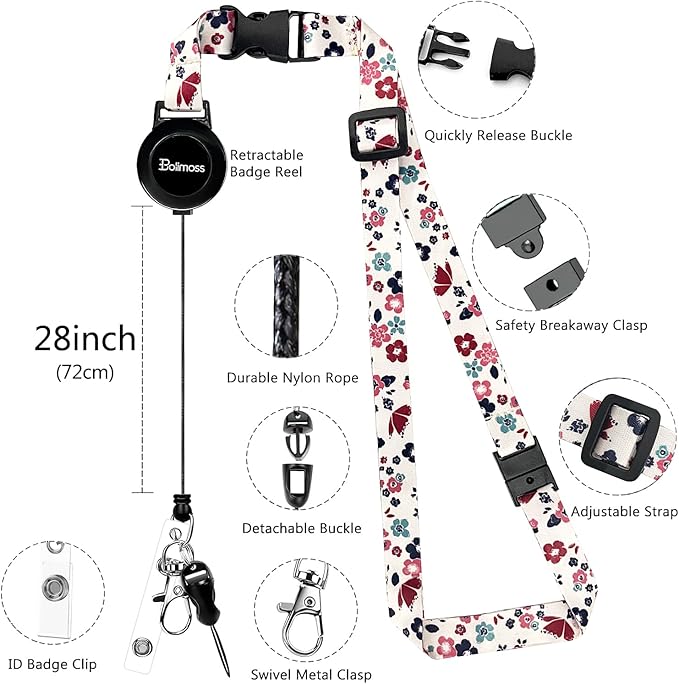 bolimoss ID Badge Holder with Adjustable Lanyard and Retractable Reel, Cute Flower Leather Card Name Tag Lanyard Vertical ID Protector Bage Clips for Nurse Doctor Teacher Student