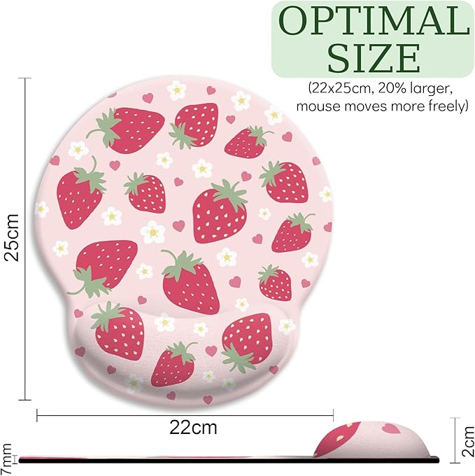 Strawberry Mouse Pad, Pink Ergonomic Mouse Pad with Wrist Rest, Gaming Mousepad with Non-Slip Pain Relief PU Base, Cute Wrist Support Mouse Pad, Pink Office Desk Accessories Decor Supplies