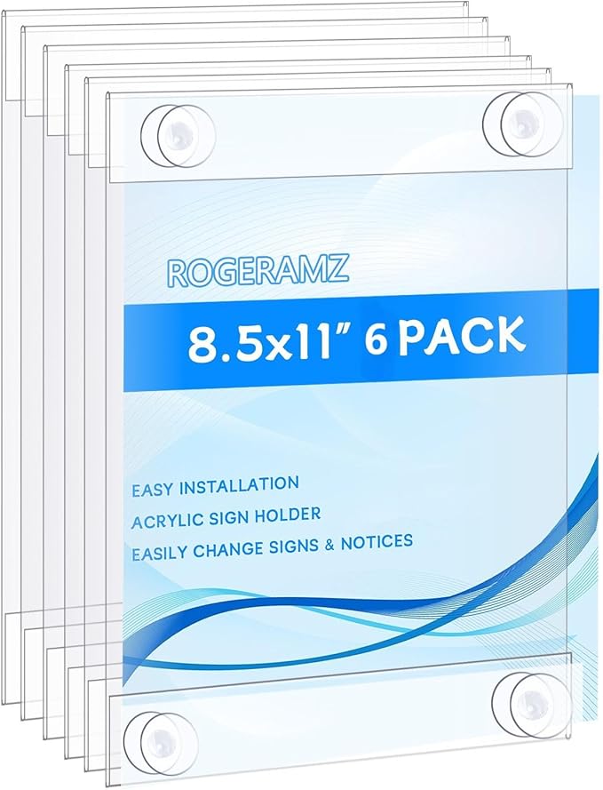 Clear Acrylic Window Sign Holder with 28 Suction Cups, 8.5 x 11 Inches - Wall Mount Advertising Frames for Glass Doors - Perfect for Malls, Offices, Homes, Stores, and Restaurants (6 Pack)