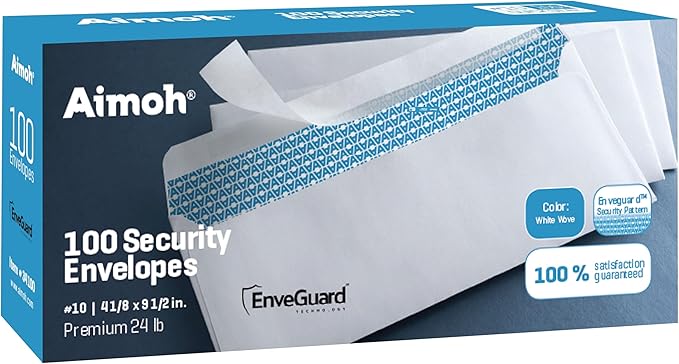Aimoh #10 Security Self-Seal Envelopes, Windowless Design, Premium Security Tint Pattern, Ultra Strong Quick-Seal Closure -EnveGuard- Size 4-1/8 x 9-1/2 Inches -White- 24 LB - 100 Count (34010-100)