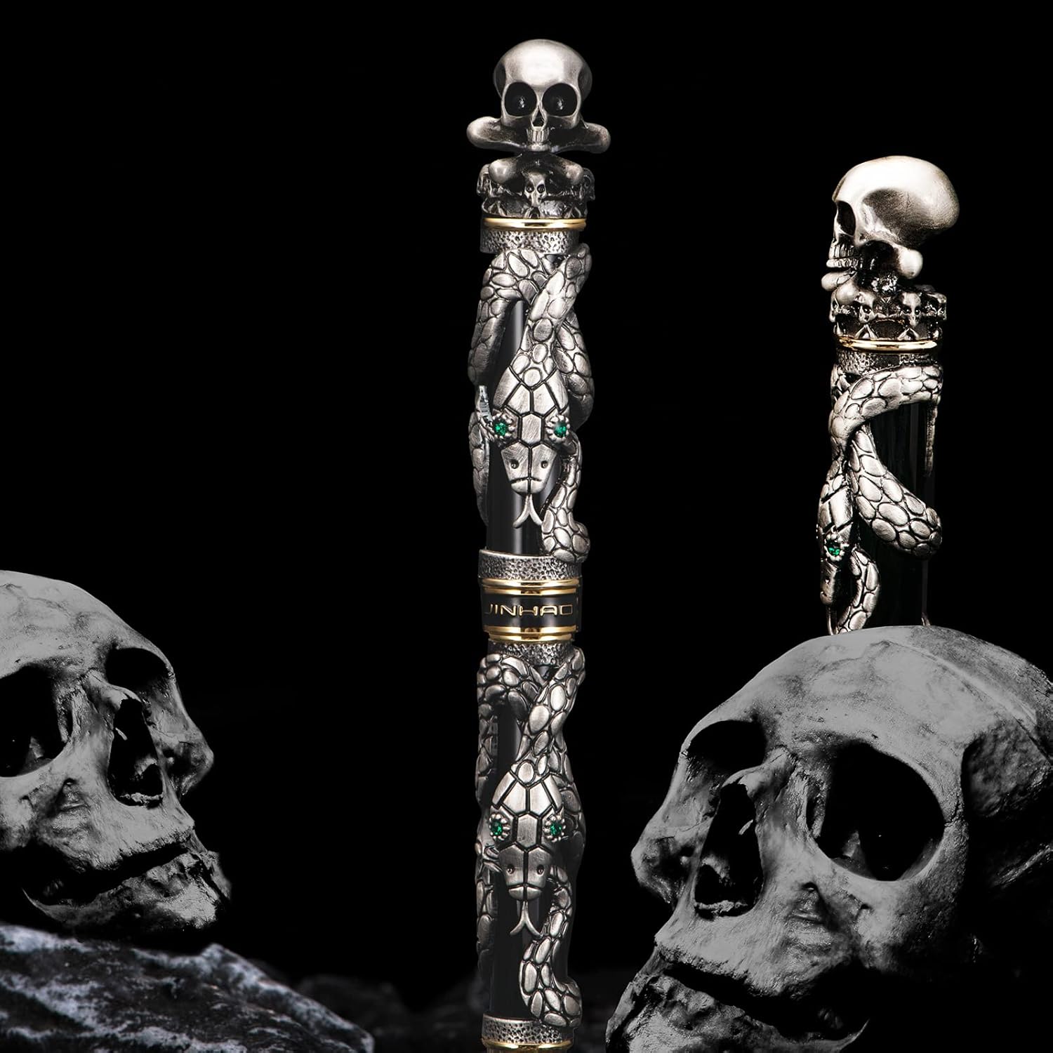 Jinhao Black Snake Fountain Pen Fine Nib with Skull Head Solid Metal