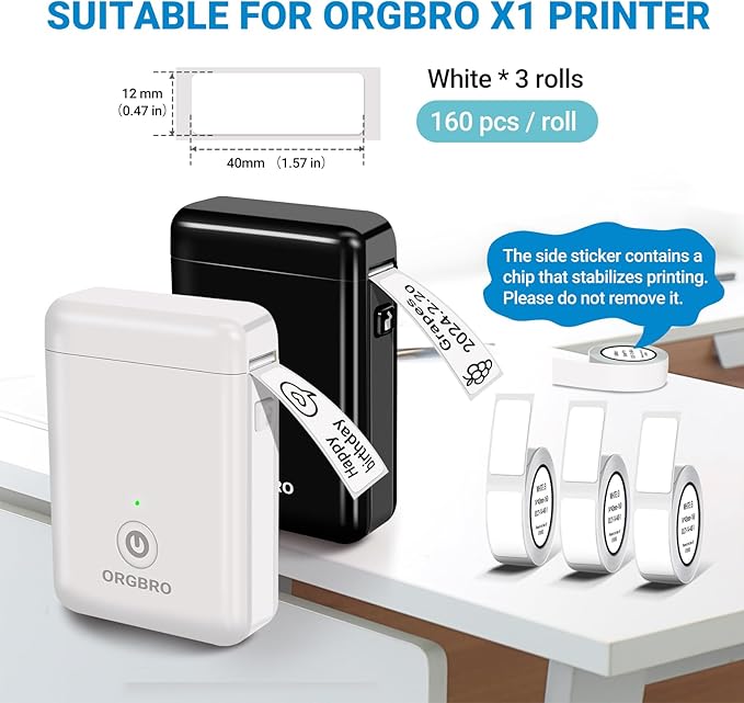 ORGBRO X1 Label Maker Tape, Genuine Thermal Label Print Paper 0.47"×1.57"(12×40mm), Standard Laminated Office Labeling Tape Replacement, 160 Tapes/Roll, 3-Roll, White