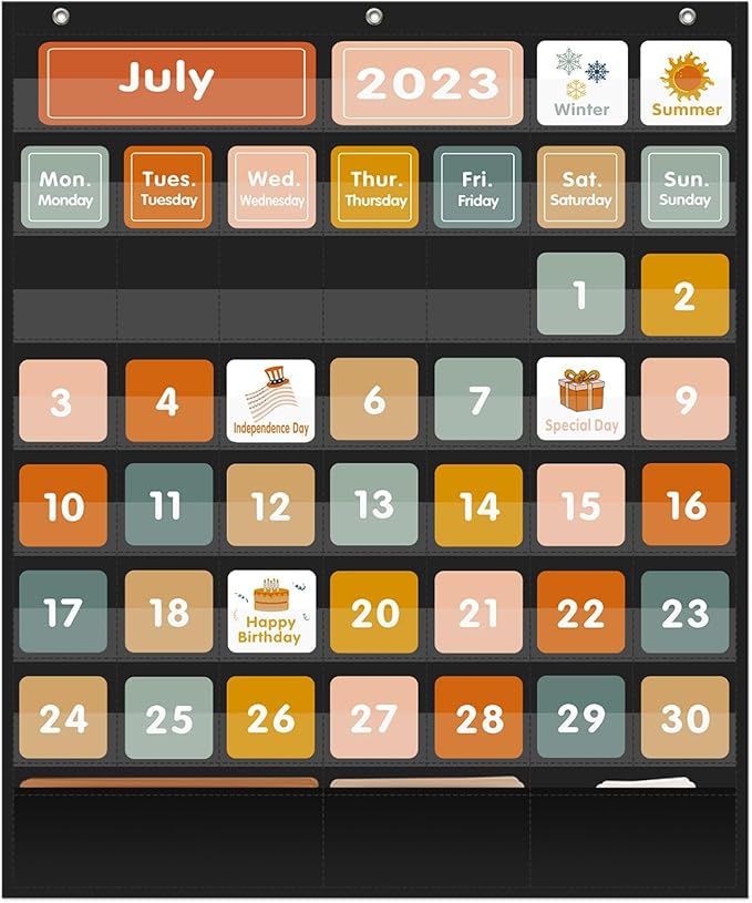 REGELETO Boho 46+3 Pockets Calendar Pocket Chart with 92 Cards for Classroom,Large Size: 28.75 x 24 inch Black Monthly Calendar and Weather Pocket Chart for Kids Learning for Home or Kindergarten