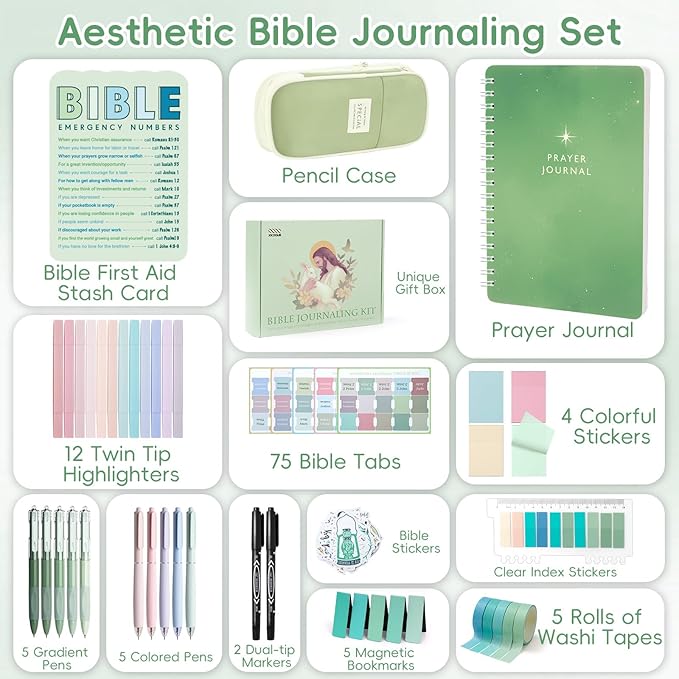 XKDOUS Bible Study Supplies Journaling Kit for Women, Bible Study Kit, Bible Study Tools with Prayer Journal Pencil Case Bible Accessories, Christian Gifts for Women, Green
