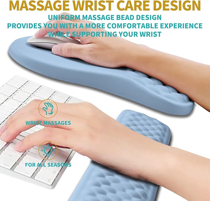 Hokafenle 2 in 1 Ergonomic Mouse Pad Wrist Support & Wrist Rest for Computer Keyboard Set, with Relieve Carpal Tunnel Pain Massage Bulge and Full Memory Gel Design (2In1 Set, Lake Blue)