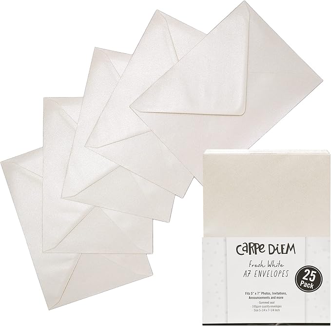 Pukka Pad, Carpe Diem Gummed Envelopes for Greeting Cards and Invitations - Pack of 25 Fresh White Envelopes - A7, 5.25 x 7.25 in