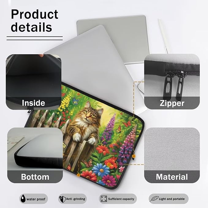 Cats Flower Printed Laptop Briefcase for Women Men, Waterproof 13 Inch Laptop Bag Messenger Bag Lightweight Laptop Case for Office Business Traveling Daily Use, Gift for Father