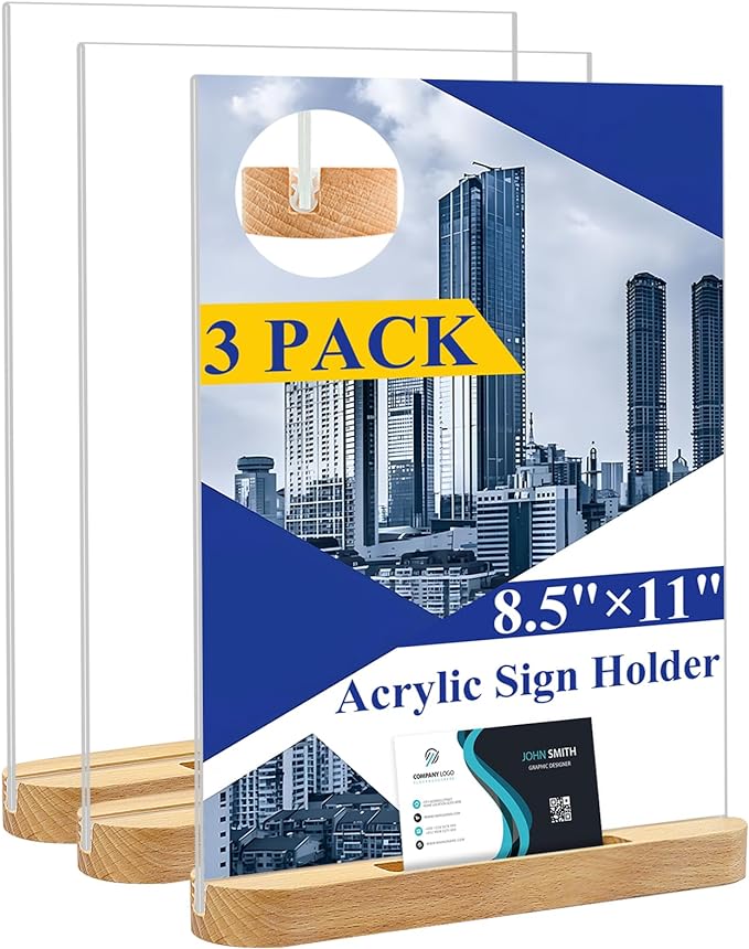 Arrobust 8.5 x 11 Acrylic Sign Holder Plastic Signs Display Holder T-Shape Double Sided Clear Flyer Stand Frames Wood Base With Business Card Holder Suitable for Menu Office Events Meeting,3 Pack