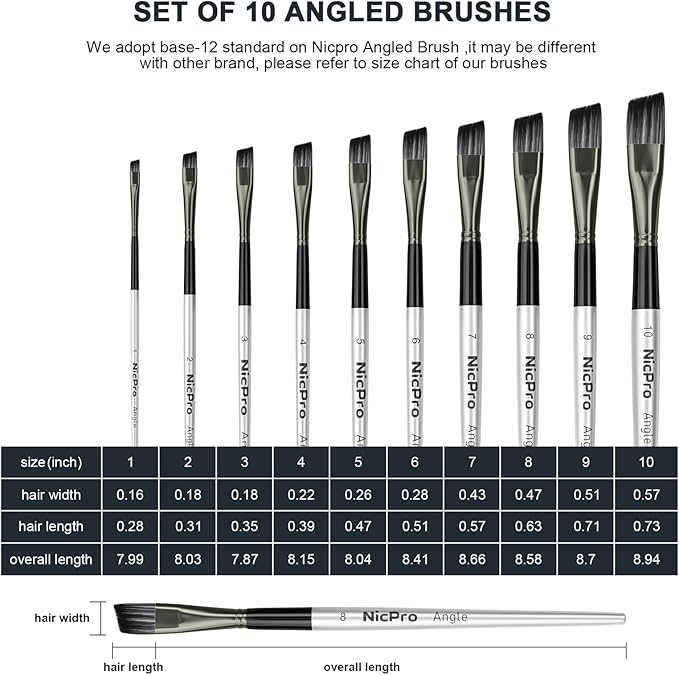 Nicpro 10 PCS Angular Paint Brush Set, Soft Anti-Shedding Nylon Hair Long Handle Angled Paint Brushes, Suitable for Artists and Beginners for Watercolor, Acrylics, Ink, Gouache, Oil, Tempera