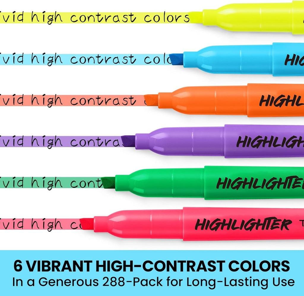 Taja 288 Pack Highlighters Bulk Assorted Bright Colors, 6 Colors Chisel Tip Highlighters Markers Set with No Bleed Ink, Perfect for School & Office Supplies
