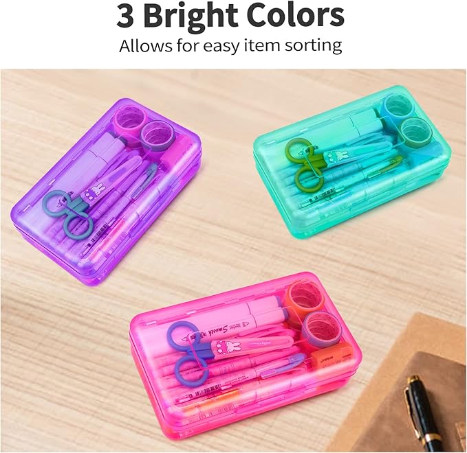 Sooez 3 Pack Pencil Case, Large Pencil Box Case, Clear Crayon Marker Box Bulk, Hard Plastic School Supplies with Snap-tight Lid, Stackable Storage Container Art Craft Organizer for Bead Pens