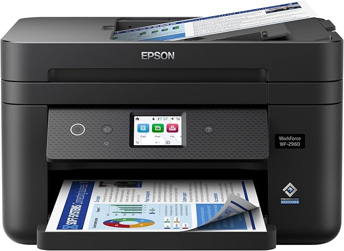 Epson Workforce WF-2960 Wireless All-in-One Printer with Scan, Copy, Fax, Auto Document Feeder, Automatic 2-Sided Printing, 2.4" Touchscreen Display, 150-Sheet Paper Tray and Ethernet,Black