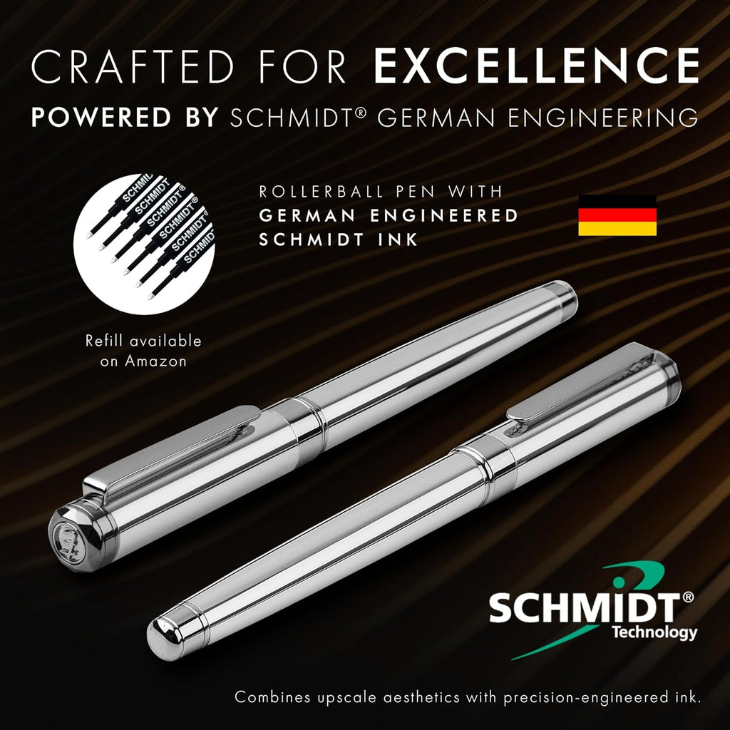 ELIZO Luxury Pen Fancy Chrome Silver Nice Gift Rollerball Cool Pens Best Schmidt Ink EDC Pen Executive Smooth Writing Pens for Men Women