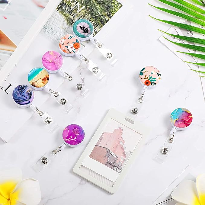 Retractable Badge Reel Clip, Badge Holder with Alligator Clip, Cute Badge Clip on ID Name Card Holders for Nurse Doctor and Office (5Pack Marble)