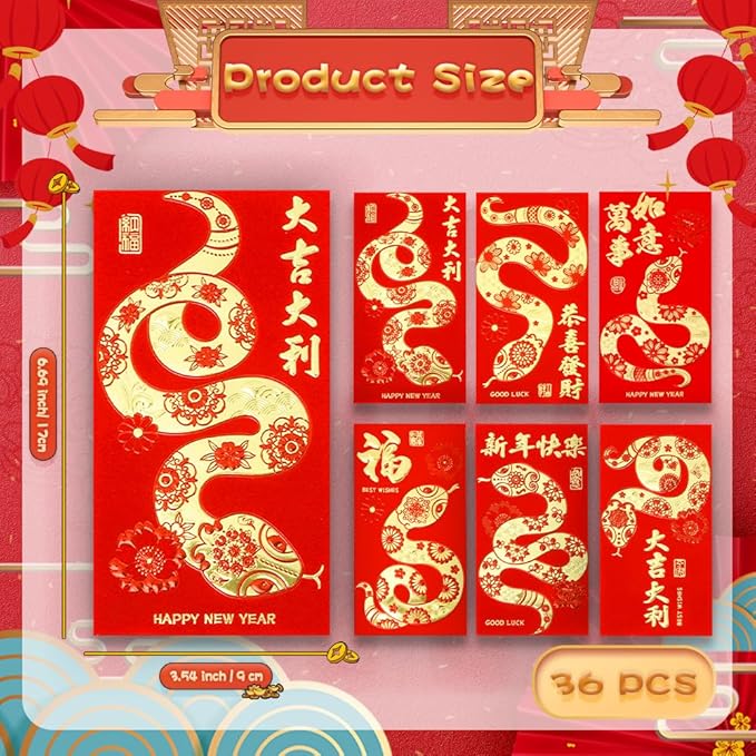 Chinese New Year Red Envelopes, Red Envelopes, 36 PCS Snake Red Envelopes 2025, Snake Year Red Envelopes, 春节红包, Hong Bao, Lucky Money Envelopes Red Pocket For 2025 New Years Eve Party Spring Festival