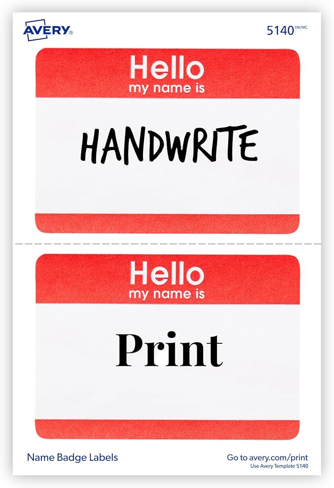 Avery Hello My Name is Name Tags, White with Red Border, 100 Removable Name Badges (05140)