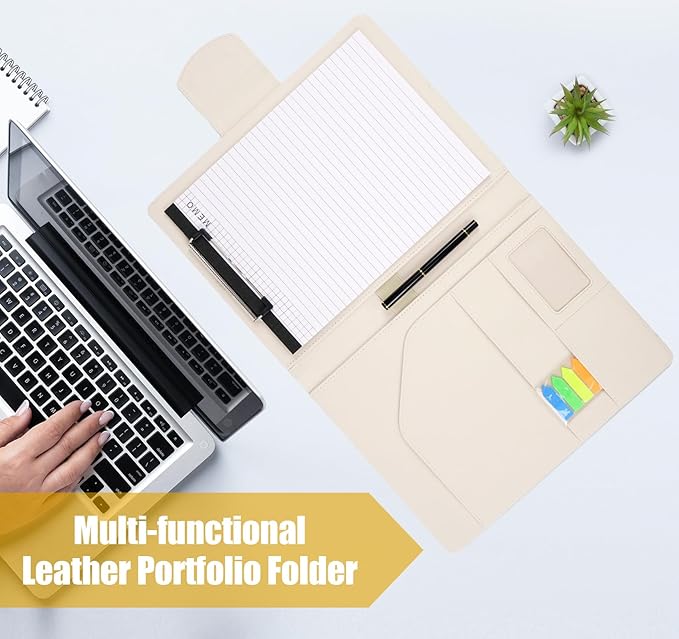 Clipboard Folder Folder DIN A4,All-in-One Business Leather Document Clip Board with Magnetic Cover,Conference Folder Document Organizer with Papers,Sticky Tabs,Pen,Work Folio for Women & Man,Beige