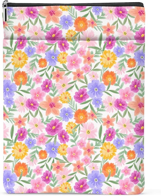Watercolor Floral Pattern Book Lovers Gifts Waterproof Book Sleeve Book Pouch Book Protector with Zipper and Front Pocket BookCover Case for Women Girl Bride Grandma Book Accessories Book Club Gifts