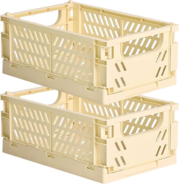 2-Pack Small Pastel Plastic Storage Baskets, Collapsible Crates for Organizing, Space-Saving Mini Bins for Classroom, Kitchen, Office, Bedroom (Yellow, 9.8" x 6.5" x 3.8")