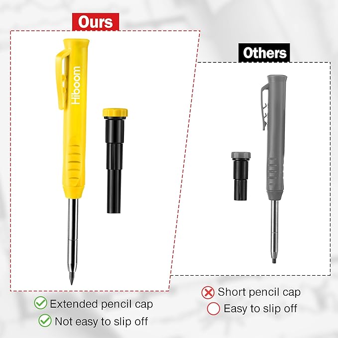 Hiboom 2 Pack Solid Carpenter Pencil with 14 Refill, Long Nosed Deep Hole Mechanical Pencil Marker with Built-in Sharpener for Carpenter Woodworking Architect with Design Patent (Black, Yellow)