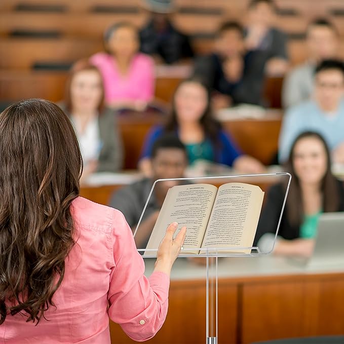 Podium Stand, Lecterns & Podiums, Acrylic Adjustable Angles with Metal Base, Podium for Church, Weddings, Classroom, Speech (Clear, 16" L x 12" W x 42.5" H)