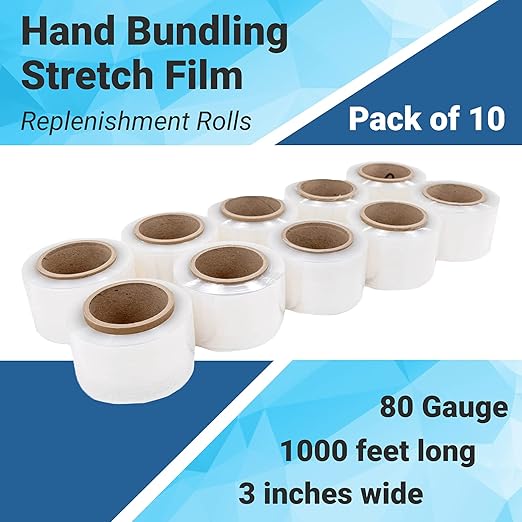 IDL Packaging 3" x 1000' Stretch Wrap Mini Roll of 80 Gauge (Pack of 10 Replenishment Rolls) - Extra Sticky Clear Plastic Wrap Film - Great Tear-Resistant Plastic Wrap for Moving and Office Needs