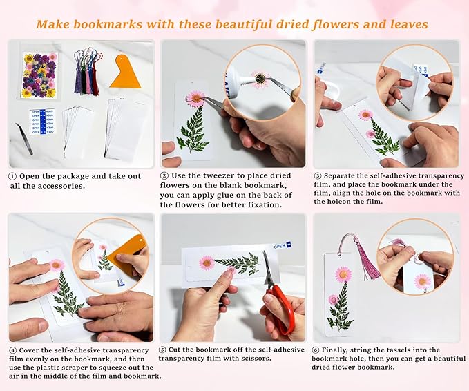 Cardstock Blank Bookmarks Set, 12 Pcs DIY White Craft Bookmarks for Pressed Flowers, Dried Flower Bookmark Making Kit with 43 Pcs Pressed Flowers, 12 Pcs Tassels, DIY Bookmarks for Dried Flowers