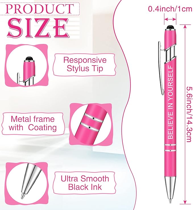 Zonon 12 Pieces Inspirational Pens Bulk Easter Basket Stuffers Motivational Quotes Ballpoint Pens with Stylus Tip Inspirational Gifts for School Office Teachers(Pink,Boss Lady)