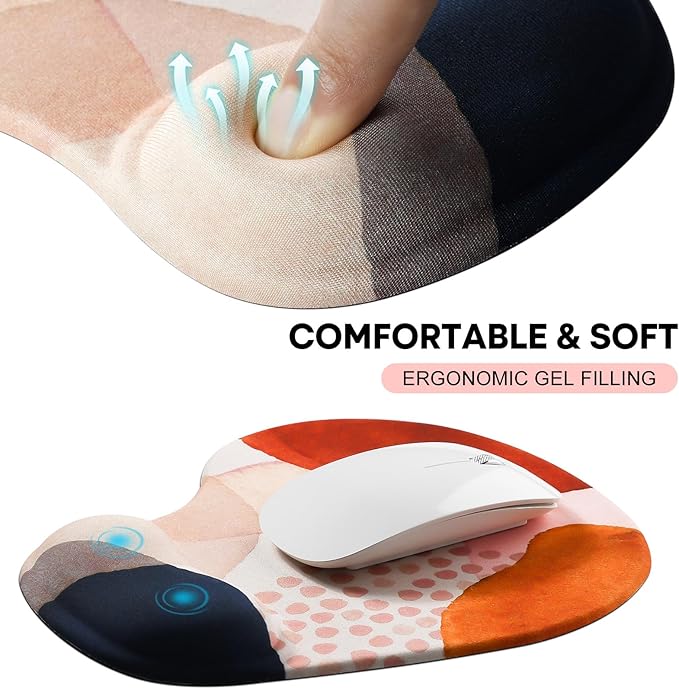 JIKIOU Mouse Pad, 2 Pack Ergonomic Mouse Pads with Comfortable Gel Wrist Rest Support and Lycra Cloth, Non-Slip PU Base for Easy Typing Pain Relief Durable and Easy to Clean Small Boho